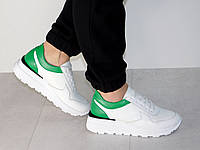 Модные кожаные кроссовки белые с зеленым женские стильные