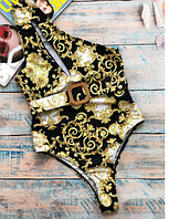 Суцільний жіночий купальник на одне плече з поясом золото