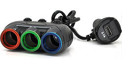 Розгалужувач трійник авто в прикурку з подовжить. Olesson 1633 Чорна 12/24V 120W/USB+виклате,вольтметр