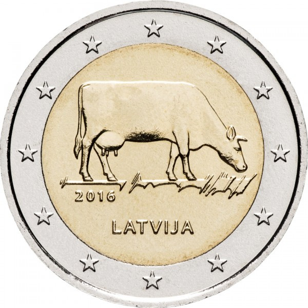 Монета Латвії 2 євро 2016 р. Сільське господарство Латвії — корова