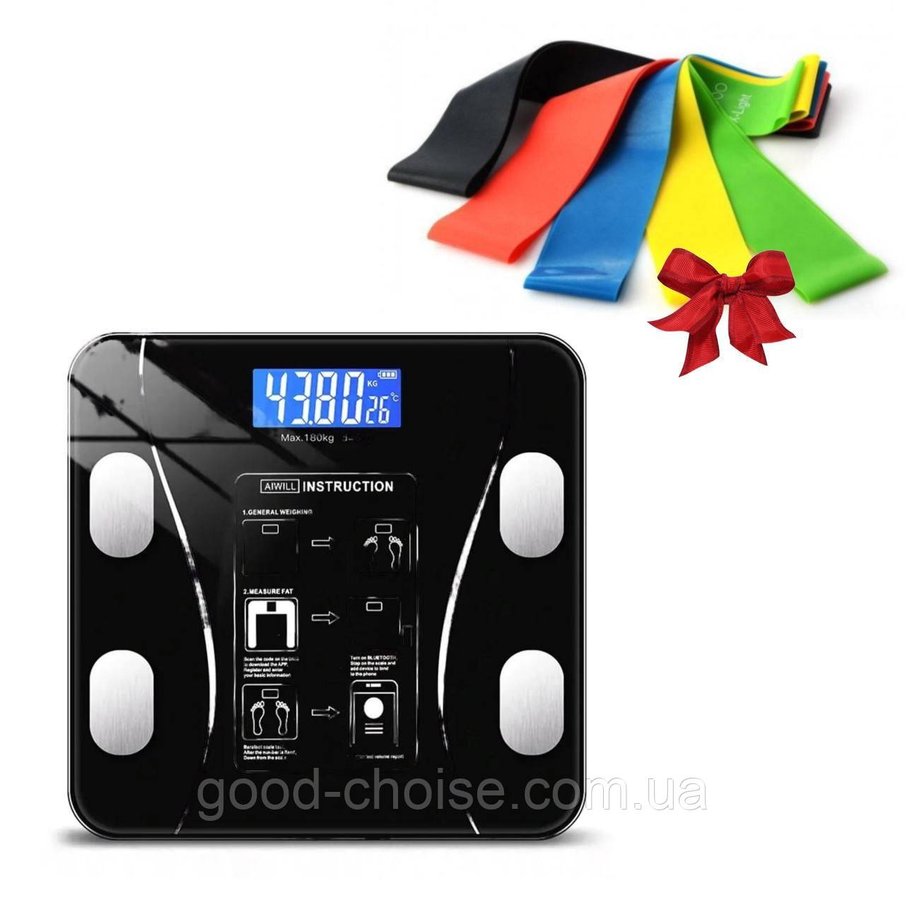 Розумні фітнес Bluetooth ваги A-8003 до 180 кг + Подарунок Резинки для фітнесу TTCZ 5 шт, фото 1