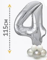Фольгована цифра 4 срібло на стійці-підставці з повітряних куль