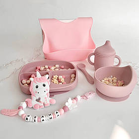 Набір дитячого силіконового посуду для прикорму, на присосках/ з іменним гризунком Єдиноріг Аврора