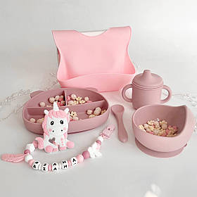 Силіконова секційна та глибока тарілка на присосках, нагрудник, поильник носик, ложка/ дитяча для прикорму