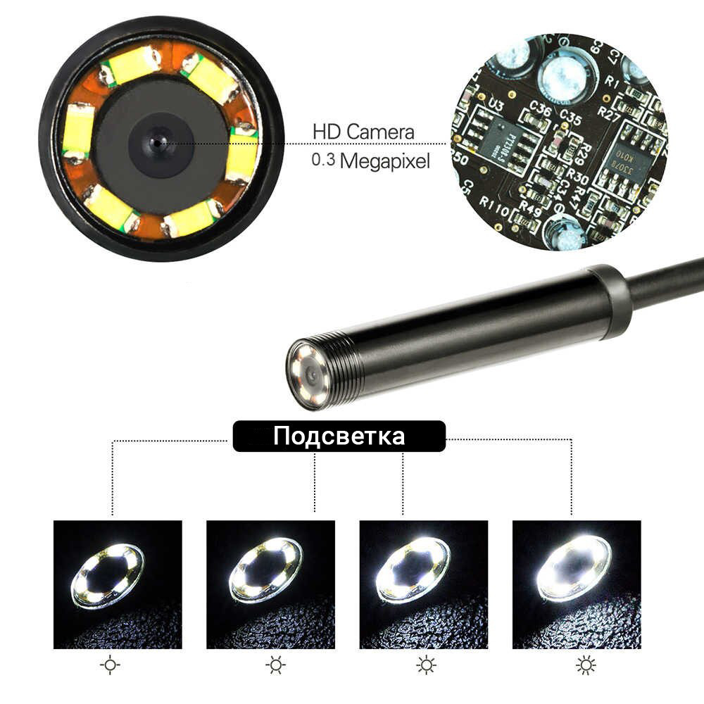 3 в 1 Камера эндоскоп 2 метра 5.5 мм USB/micro USB/Type C бороскоп, GN, жесткий провод, Хорошее качество, usb - фото 3 - id-p1806478347