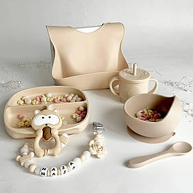 Силіконова секційна та глибока тарілка на присосках, нагрудник, поїльник, ложка/ дитяча для прикорму