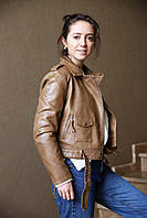 Женская курточка-косуха кожанка белая и коричневая Код ИР2121