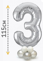 Фольгована цифра 3 срібло на стійці-підставці з повітряних куль