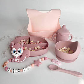 Силіконова секційна та глибока тарілка на присосках, нагрудник, поильник носик, ложка/ дитяча для прикорму