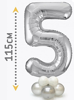 Фольгована цифра 5 срібло на стійці-підставці з повітряних куль