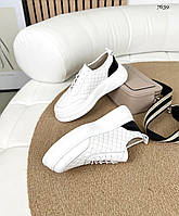 Белые кожаные стеганые кроссовки на шнуровке женские Белый/Черный, 38