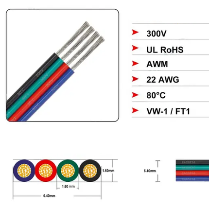 Дріт (кабель плоский) 4-жильний 0,32 мм AWG 22 для RGB стрічки WIRE-4X032-22AWG 021004, фото 2