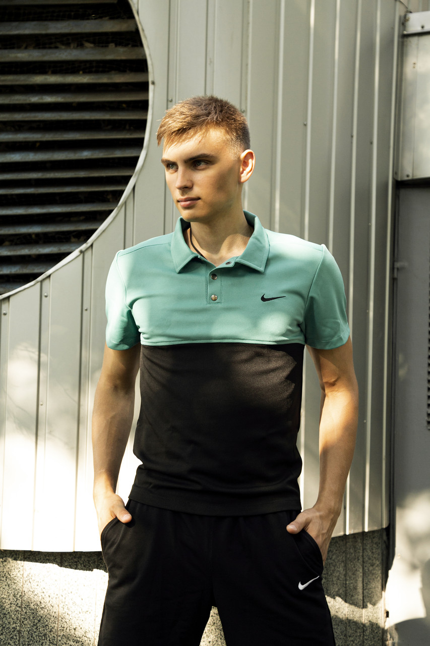 Чоловіча футболка Поло Nike бірюзова з чорною бавовняною літньою  ⁇  Теніска Найк спортивна на літо, фото 1