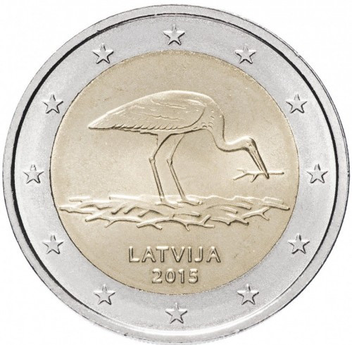 Монета Латвії 2 євро 2015 р. Чорний Лелека, фото 1