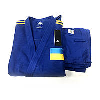 Профессиональное кимоно для дзюдо ADIDAS Champion II с лицензией IJF синее с желтые полосами плотное