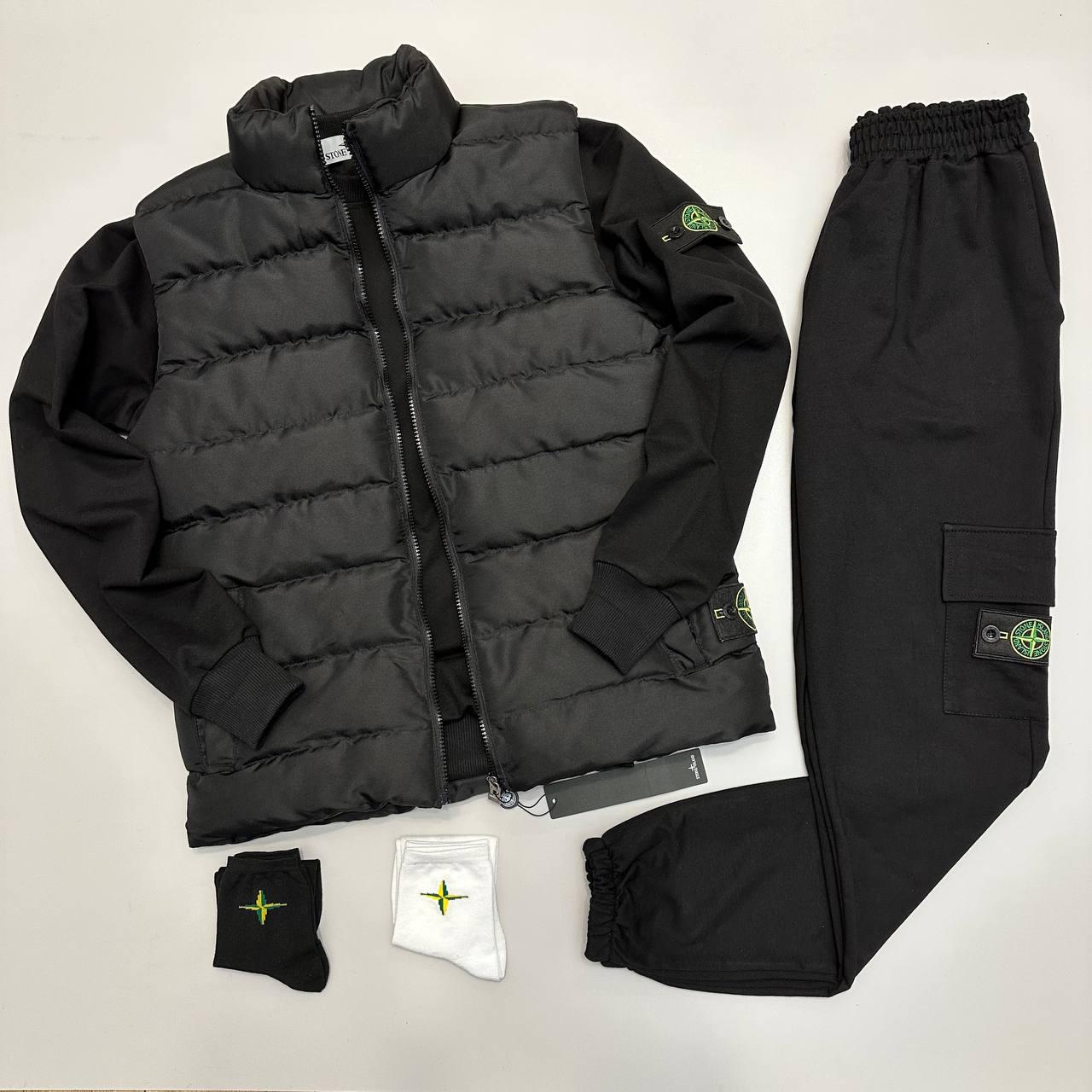 Комплект чоловічий Stone Island спортивний костюм і жилетка весняний осінній 3в1 стон айленд чорний