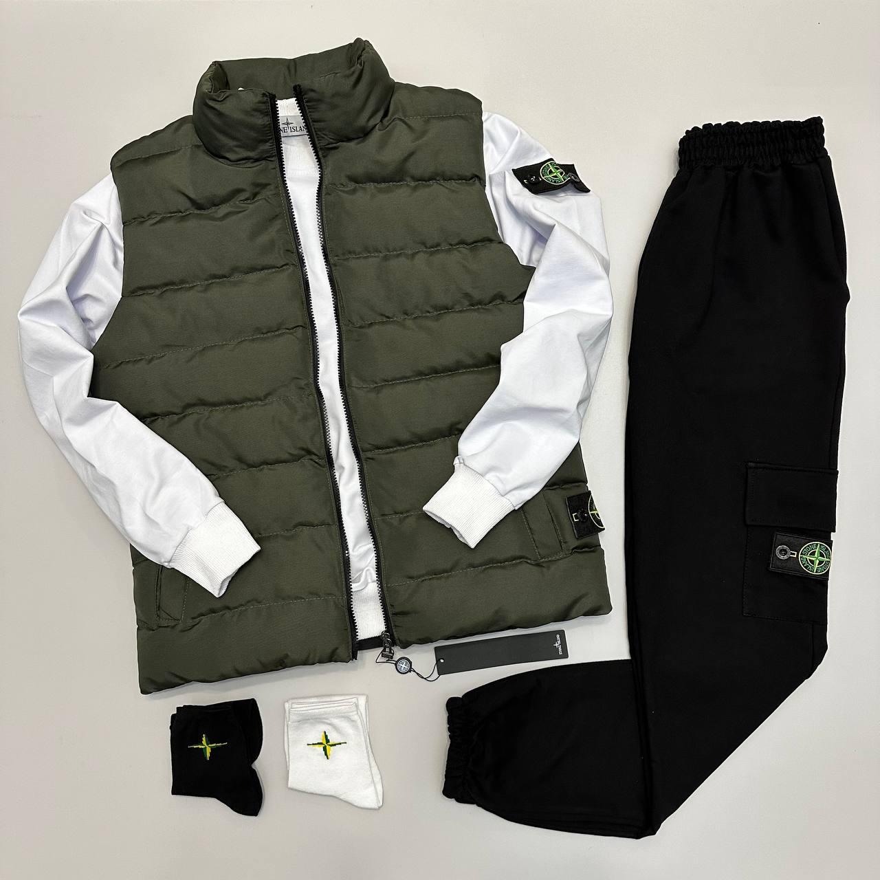 Спортивний костюм Stone Island 3в1 комплект світшот штани жилетка стон айленд білий-хакі