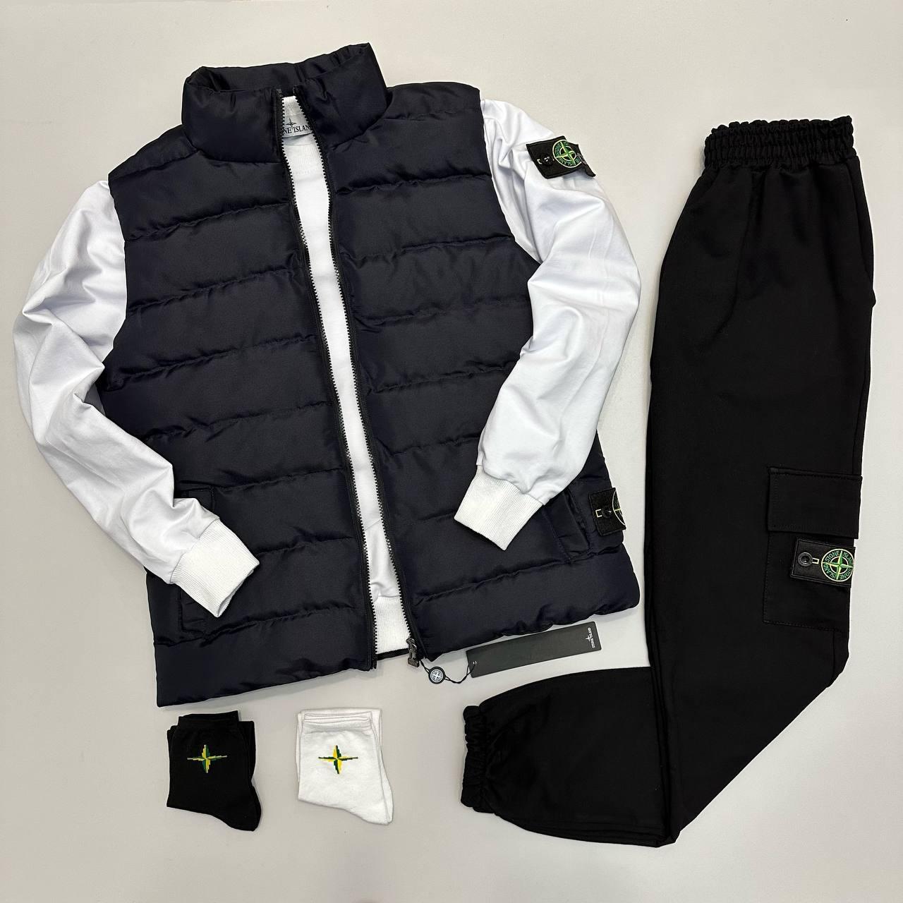 Комплект Stone Island 3в1 чоловічий спортивний костюм і жилетка весняний осінній стон айленд білий-синій