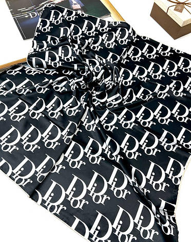 Шовкова брендова хустка Dior 90*90 см чорна ручна обробка краю, фото 1