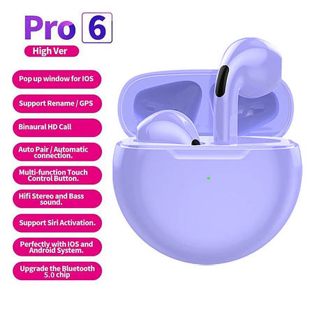 Air Pro 6 TWS Беспроводные наушники с микрофоном (Purple), фото 1