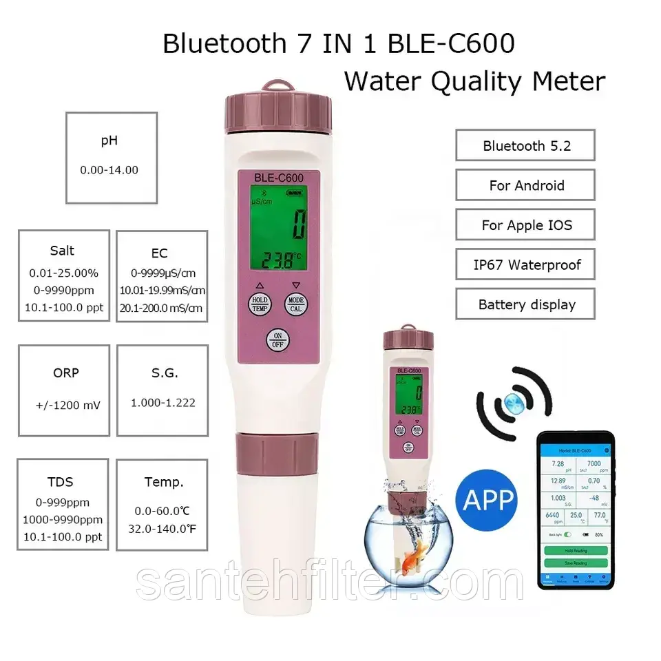 Аналізатор води ORP/ТДС/РН/Ес/SALT/S.G/Темп 7-в-1 BLE-C600