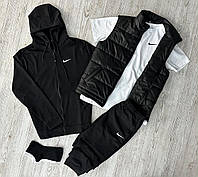 Мужской спортивный набор Nike 5в1 черный с белым на змейке , Весенний Костюм Найк + Футболка Жилетка Носки