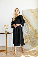 Стильное муслиновое платье женское с разрезом легкое удобное однотонное нарядное черного цвета