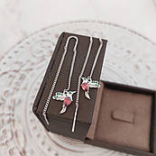 Сережки протяжки срібні з підвіскою колібрі та червоними та зеленими фіанітом