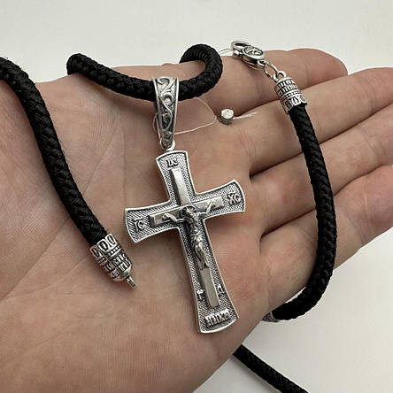 Комплект срібний хрестик з шовковим шнурком зі срібними вставками 925 проби, фото 1