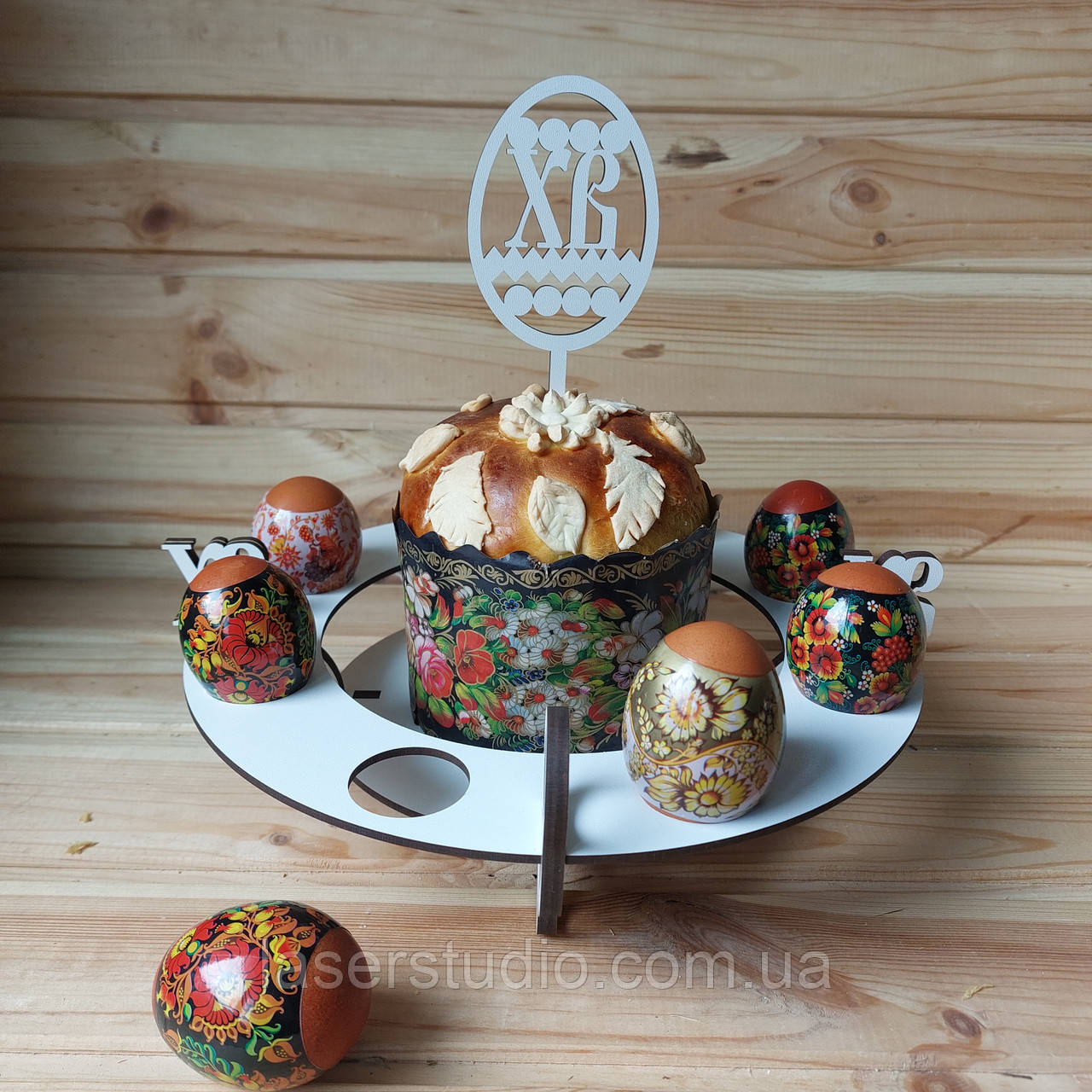 Дерев'яна Великодня підставка під паску та 8 яєць, фото 1