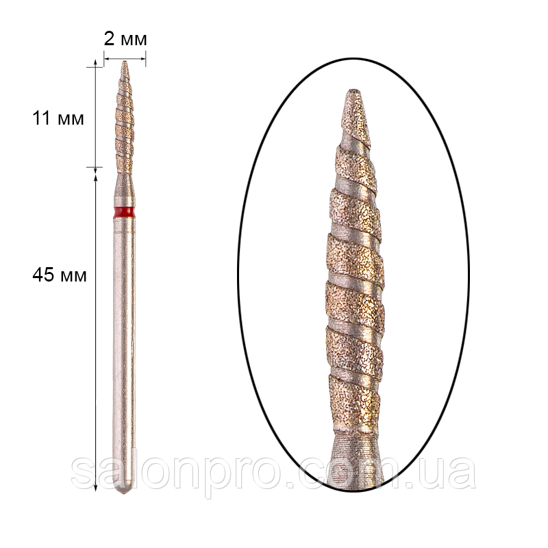 Фреза алмазна — куля торнадо, діаметр 2 мм, робоча частина 11 мм, червона