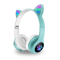 Навушники бездротові Cat Ear VZV-23M Bluetooth з RGB підсвіткою і котячими вушками Бірюзові