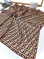Шелковый брендовый платок Fendi 90*90 см коричневый ручная обработка края