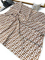 Шелковый брендовый платок Fendi 90*90 см белый/коричневый ручная обработка края