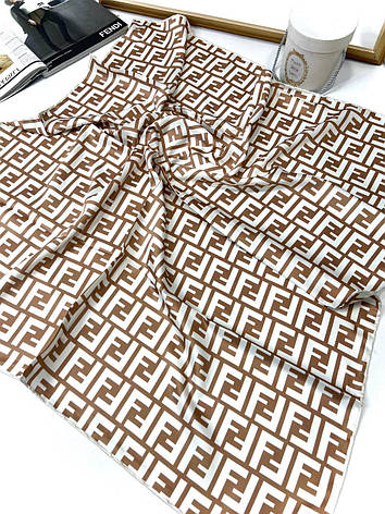 Шовкова брендова хустка Fendi 90*90 см білий/коричневий ручна обробка краю, фото 1