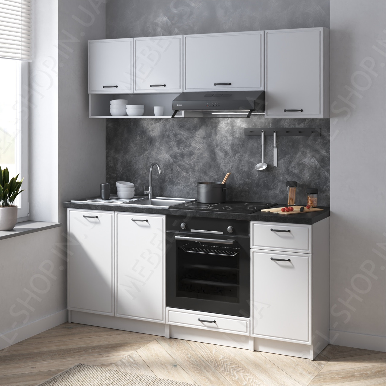 Модульна кухня 1.8 м завширшки з МДФ фасадом Кухонні меблі з тумбами під мийку, духовку і витяжку, фото 1