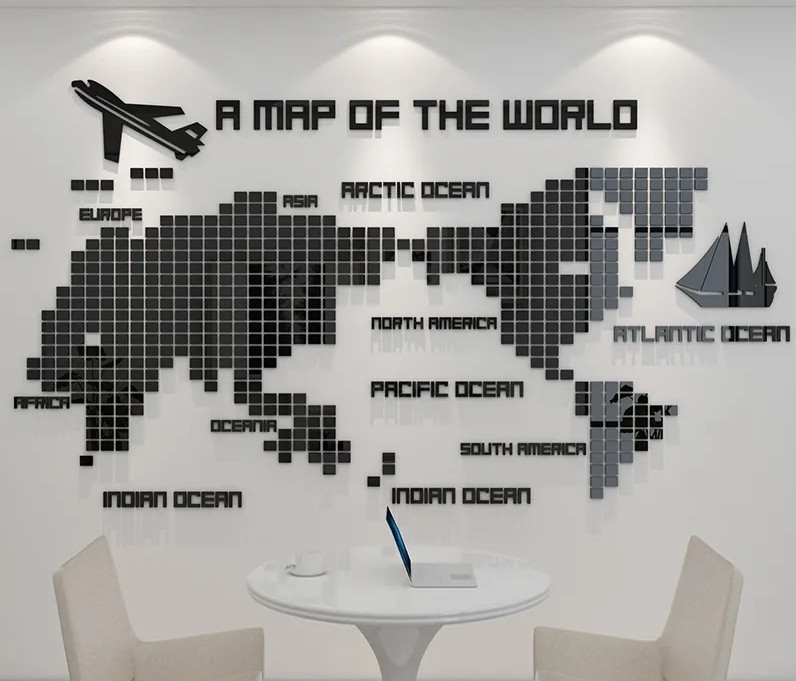 Пластикова чорна наклейка на стіну Велика карта світу квадратики Б315