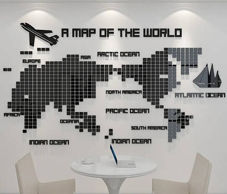 Пластикова чорна наклейка на стіну Велика карта світу квадратики Б315, фото 1