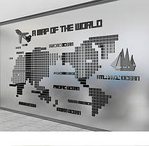 Пластикова чорна наклейка на стіну Велика карта світу квадратики Б315, фото 2