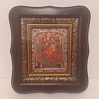 Икона Всецарица Пресвятая Богородица, лик 10х12 см, в темном деревянном киоте со вставками