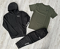 Спортивный костюм мужской Under Armour 3в1 черный весенний , Комплект Андер Армор Худи и Штаны + хаки Футболка