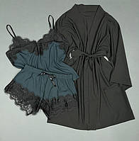 Халат и пижама с кружевом, комплект тройка женский для дома и сна.