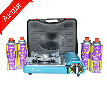 Портативна газова плитка Orcamp CK-508 з 4 картриджами 227 г для кемпінгу, риболовлі, подорожей і дачі (КМА)