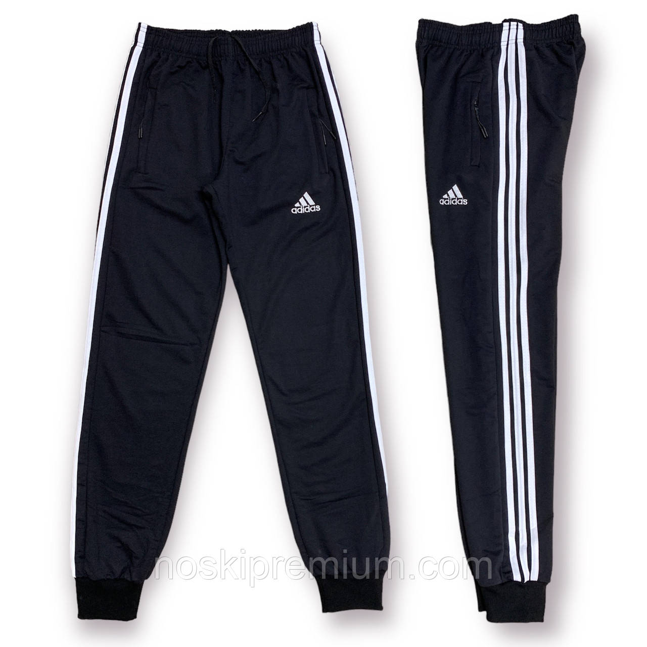 Штани спортивні чоловічі двонитка з манжетом Adidas 3 смужки, розміри 46-54, чорні, 0201, фото 1