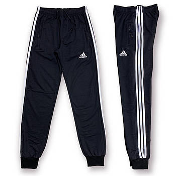 Штани спортивні чоловічі двонитка з манжетом Adidas 3 смужки, розміри 46-54, чорні, 0201