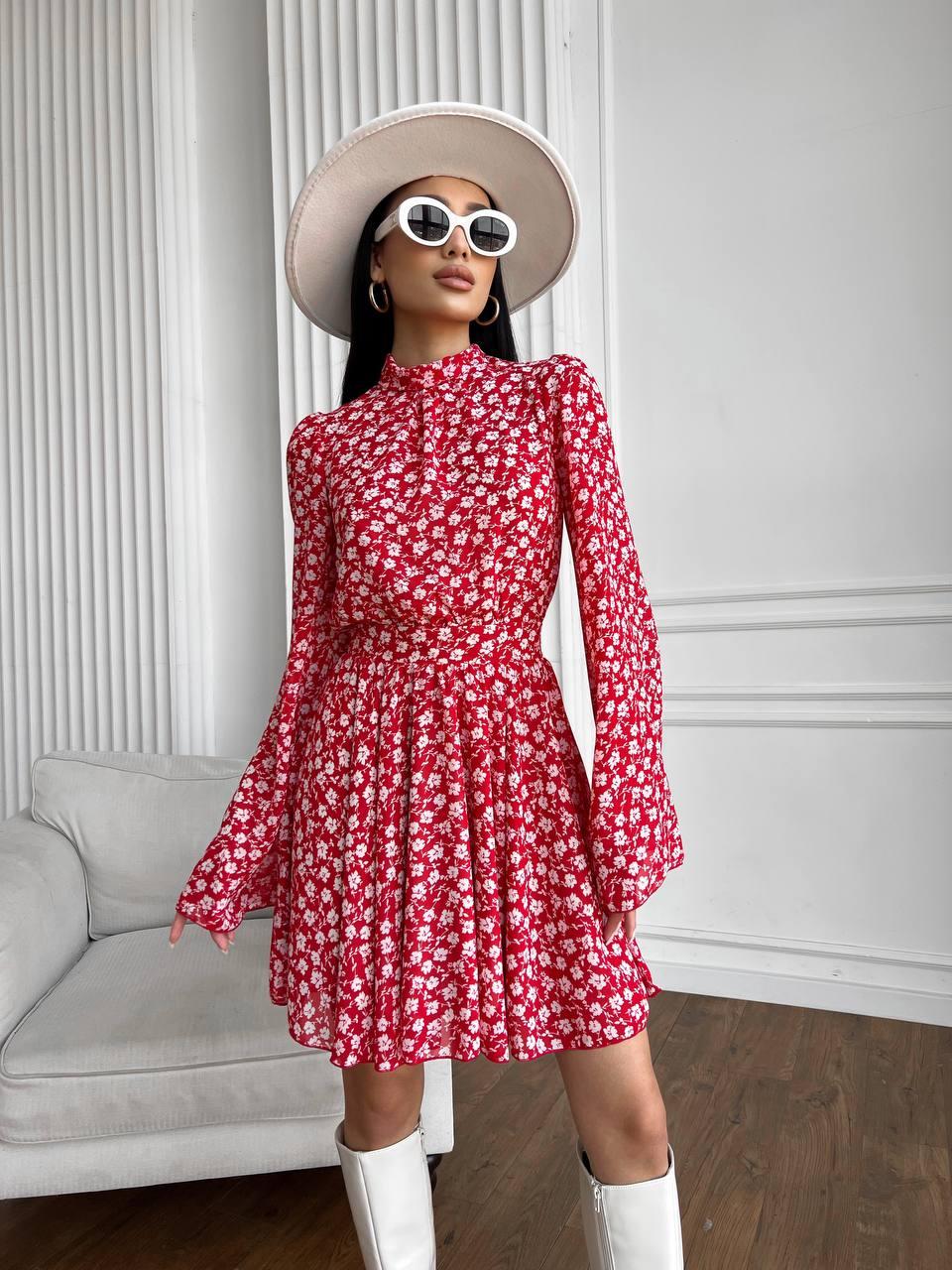 Квіткова жіноча сукня з відкритою спиною та рукавами кльош шифон Smdi8081