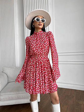 Квіткова жіноча сукня з відкритою спиною та рукавами кльош шифон Smdi8081, фото 1