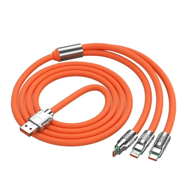 Кабель USB 3в1 для швидкого заряджання до 120 W 6A Type-C/Lightning (IPhone)/Micro-usb надгнучкий — Помаранчевий