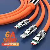 Кабель USB 3в1 для швидкого заряджання до 120 W 6A Type-C/Lightning (IPhone)/Micro-usb надгнучкий — Помаранчевий, фото 9