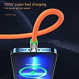 Кабель USB 3в1 для швидкого заряджання до 120 W 6A Type-C/Lightning (IPhone)/Micro-usb надгнучкий — Помаранчевий, фото 10
